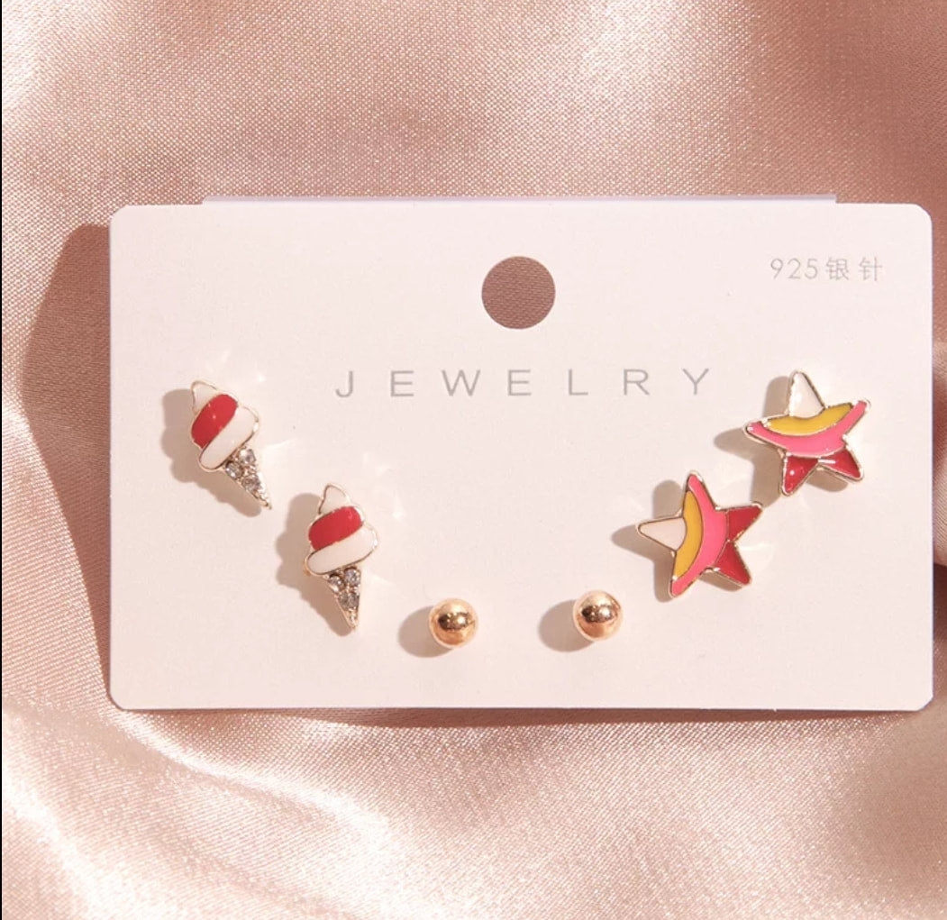 6-Pc Fashion Studs Earrings Set - Ice Cream Cone & Star