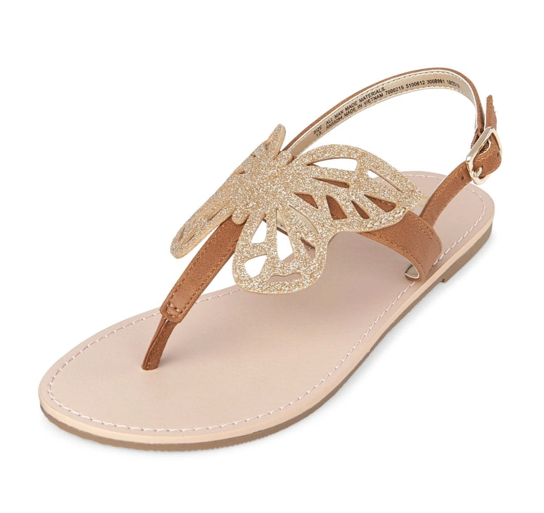 Girls Glitter Butterfly T-Strap Sandals - Tan