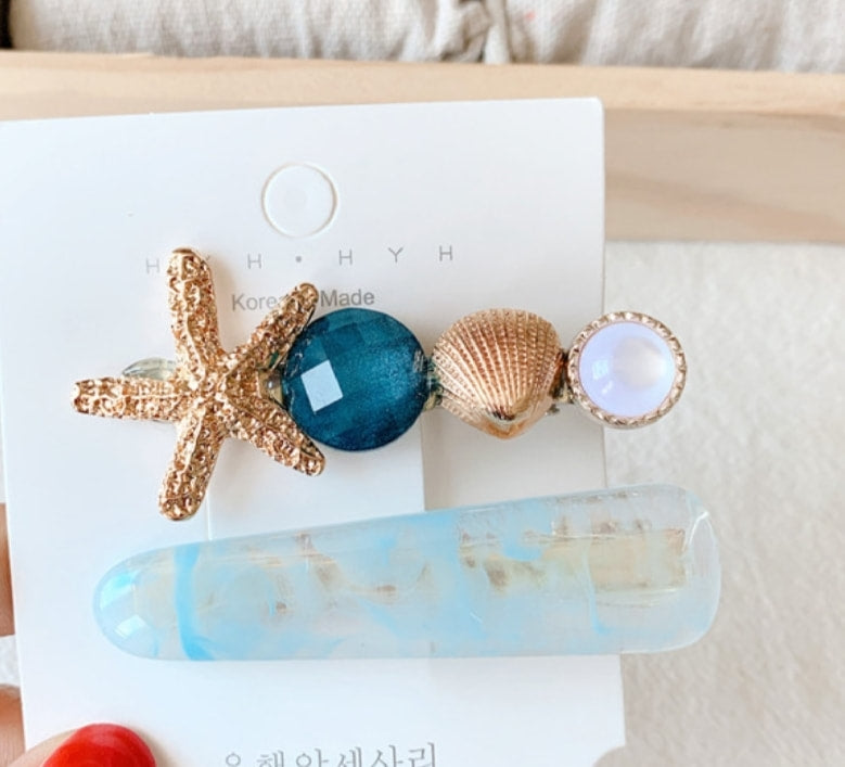 Blue Water Pearl Starfish 2-Pc Hair Pins