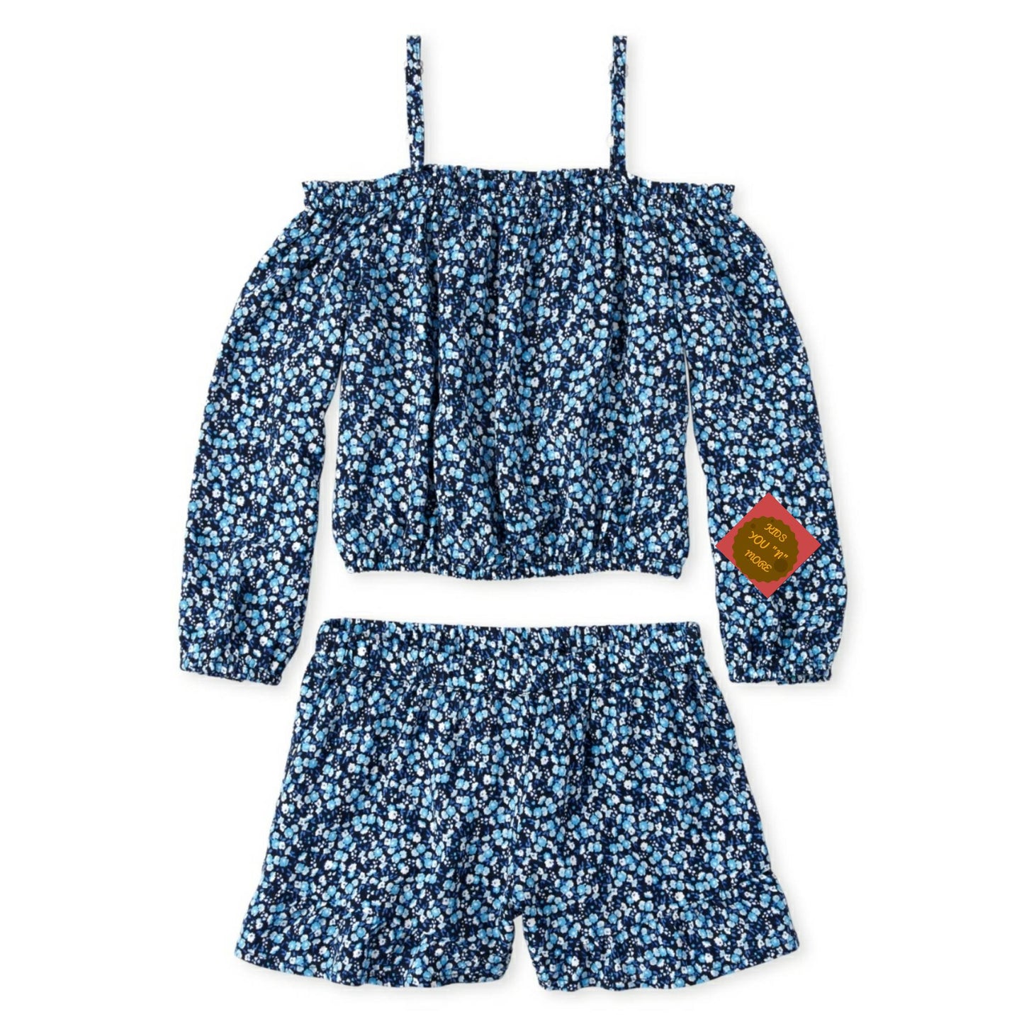 Girls Print Off Shoulder Top And Ruffle Shorts Set - 10/12