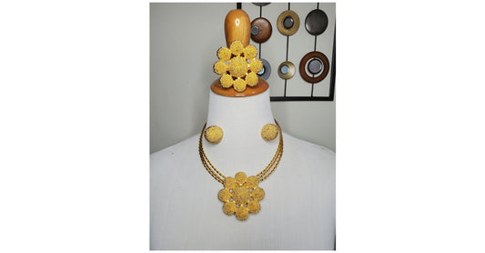 Gold-Plated Clustered Brazilian Necklace, Bangle, Earrings, and Ring Set