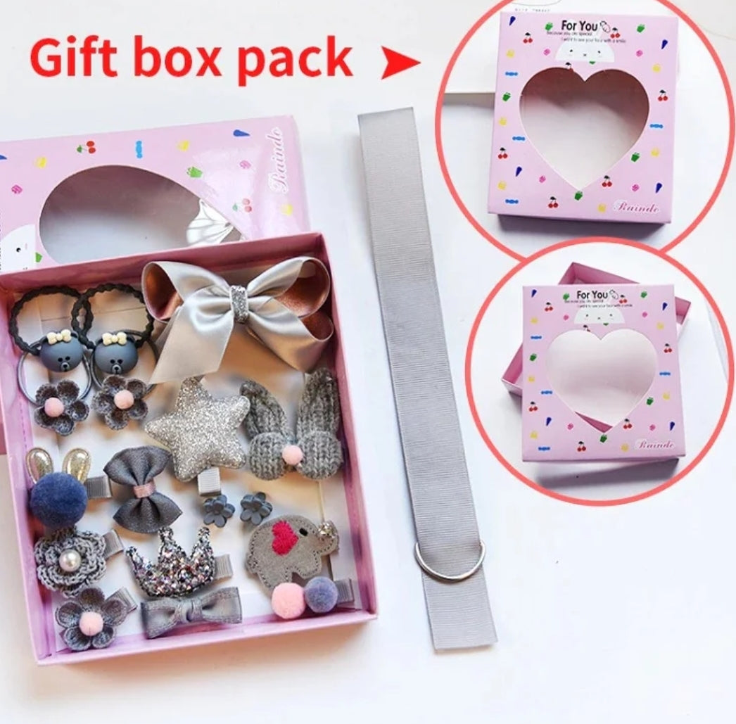 18-Piece Elastic Clips, Bows, and Barrettes Hairpins w/Gift Box for Girls