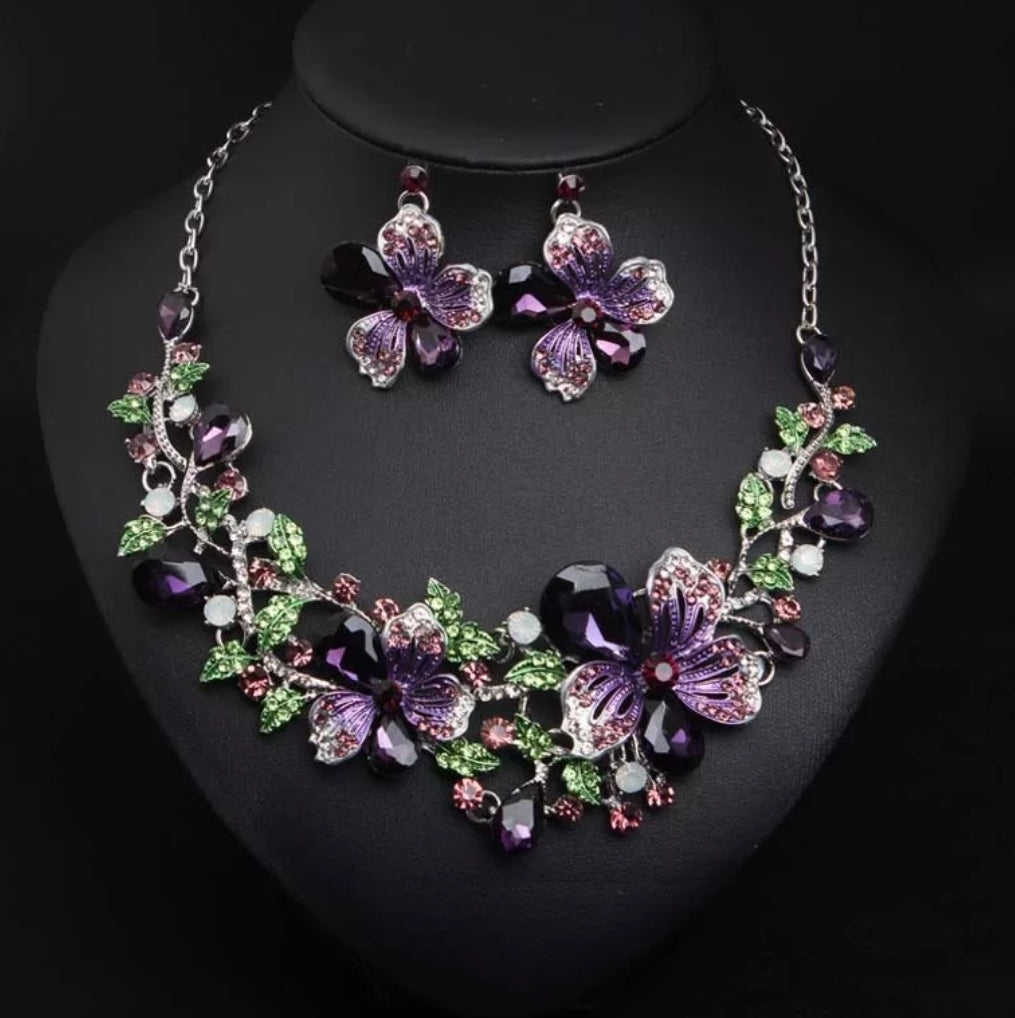 Flower Crystal Wedding Necklace & Earrings Set - Purple/Green