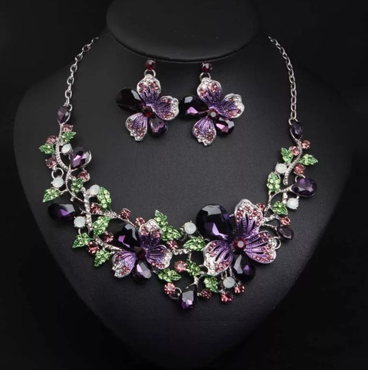 Flower Crystal Wedding Necklace & Earrings Set - Purple/Green
