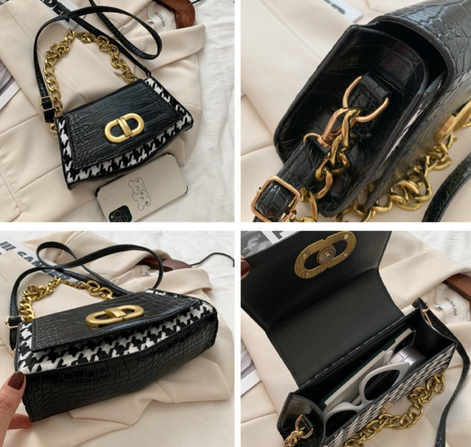 Emery Croc Small Shoulder Bag - Black/White