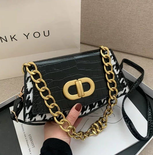 Emery Croc Small Shoulder Bag - Black/White