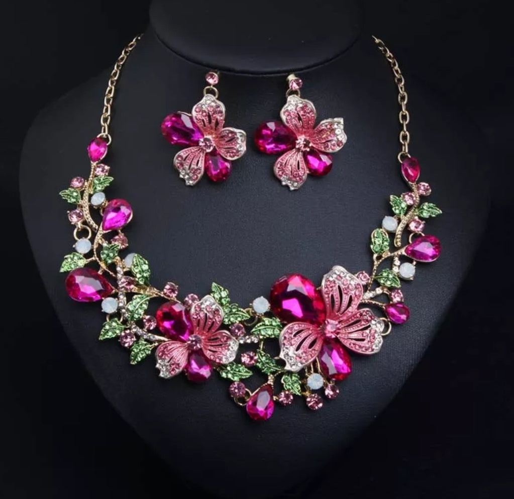 Pink Porcelain, Crystal and Pearl Floral Wedding Jewelry Set
