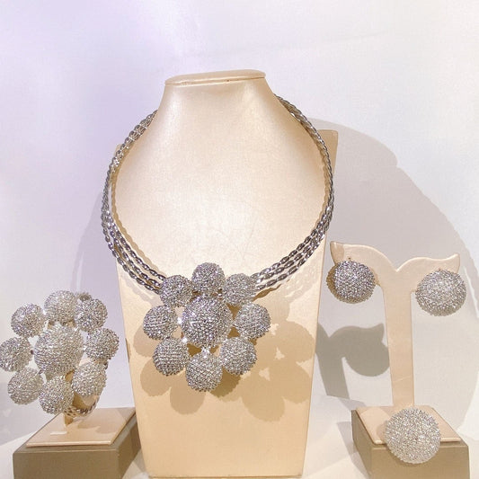 Silver Clustered Brazilian Necklace, Bangle, Earrings, and Ring Set