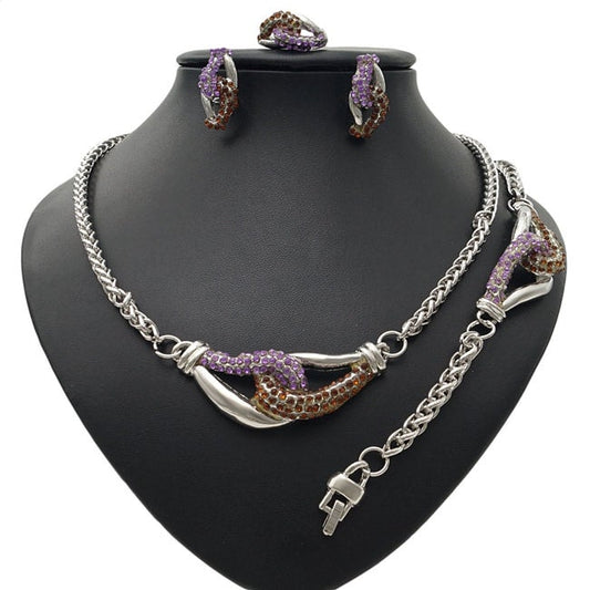 Silver Interlocked Bejeweled Party Jewelry Set