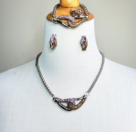 Silver Interlocked Bejeweled Party Jewelry Set